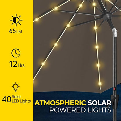 Tempera Solar Patio Umbrella 40 LED Lighted Outdoor Umbrella Table Market Umbrella with Push Button Tilt and Crank, Solar Umbrella with Sturdy Pole&Fade Resistant Canopy, Easy to Set