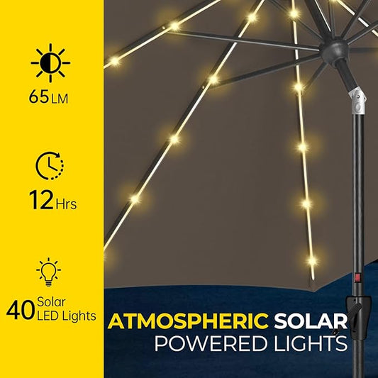 Tempera Solar Patio Umbrella 40 LED Lighted Outdoor Umbrella Table Market Umbrella with Push Button Tilt and Crank, Solar Umbrella with Sturdy Pole&Fade Resistant Canopy, Easy to Set
