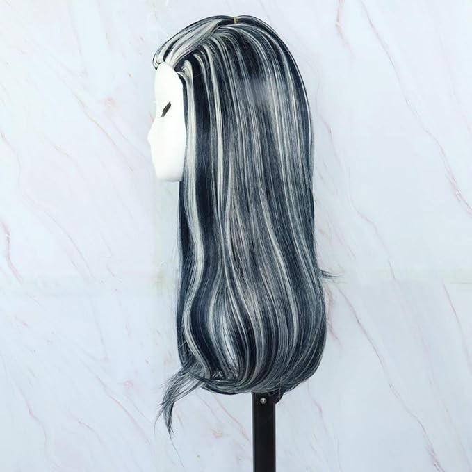 Monster Frankie Stein Wig High School Frankie Stein Cosplay Black And White Wig with Ponytail Long Straight Heat Resistant Costume Wig