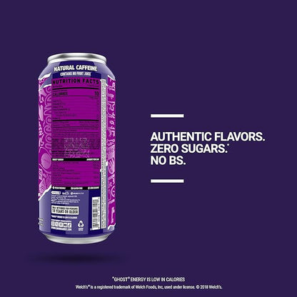 GHOST Energy Drink - 12-Pack, Welch's Grape, 16oz Cans - Energy & Focus & No Artificial Colors - 200mg of Natural Caffeine, L-Carnitine & Taurine - Gluten-Free & Vegan