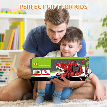 Dinosaur Transport Truck Toys - 9-in-1 Car Carrier & Track Set with 8 Mini Cars, Dino Monster Truck for Kids 3-12, Push & Pull Toy, Race & Storage Gift for Boys Girls (Red)