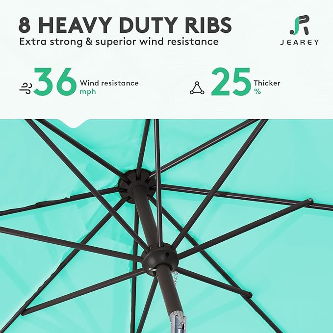 JEAREY 9FT Outdoor Patio Umbrella Outdoor Table Umbrella with Push Button Tilt and Crank, Market Umbrella 8 Sturdy Ribs UV Protection Waterproof for Garden, Deck, Backyard, Pool (Clear Blue)
