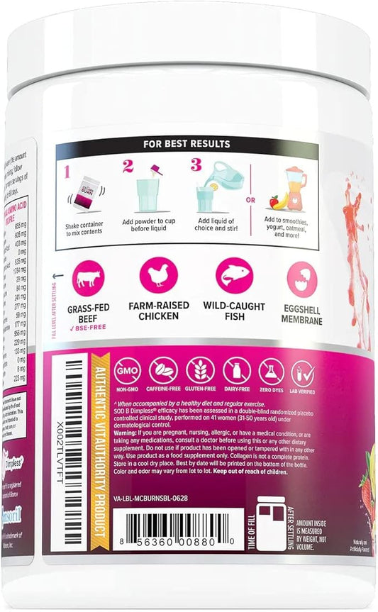 Multi Collagen Burn: Multi-Type Hydrolyzed Collagen Protein Peptides with Hyaluronic Acid, Vitamin C, SOD B Dimpless, Types I, II, III, V and X Collagen, Caffeine-Free (Strawberry Lemonade)
