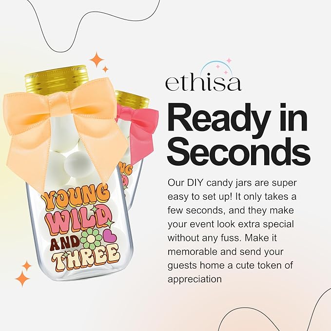 Small 12 Pack Young Wild and Three Party Favors - DIY Candy Jars with Ribbons and Stickers - Funky Groovy Party Decoration Bottles for 3rd Birthday for Boy or Girl - Retro Table Centerpieces