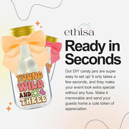 Small 12 Pack Young Wild and Three Party Favors - DIY Candy Jars with Ribbons and Stickers - Funky Groovy Party Decoration Bottles for 3rd Birthday for Boy or Girl - Retro Table Centerpieces