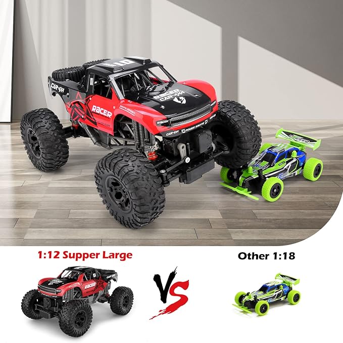 RC Trucks 4x4 Offroad Waterproof - 1:12 Scale Large Amphibious Remote Control Car, Dual Motors Crawler Vehicle, Monster Toys with 3 Rechargeable Batteries, Best Gift for Kids Adults