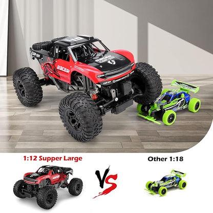RC Trucks 4x4 Offroad Waterproof - 1:12 Scale Large Amphibious Remote Control Car, Dual Motors Crawler Vehicle, Monster Toys with 3 Rechargeable Batteries, Best Gift for Kids Adults
