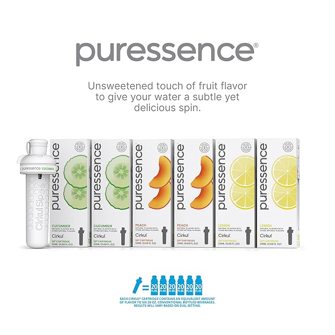 Cirkul Puressence Flavor Cartridge Variety Pack, Unsweetened, 6-Pack (2 Cucumber, 2 Peach, 2 Lemon)