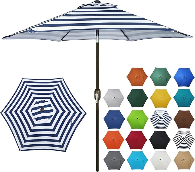Blissun 7.5 ft Patio Umbrella, Yard Umbrella, Outdoor Market Umbrella with Push Button Tilt Crank (Blue&White)