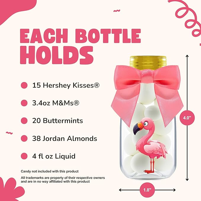 Small 12 Pack Flamingo Party Favors - DIY Candy Jars with Ribbons and Stickers - Party Decoration Bottles for Birthday, Baby Shower and Bachelorette - Pink Table Centerpiece for Kids and Adults