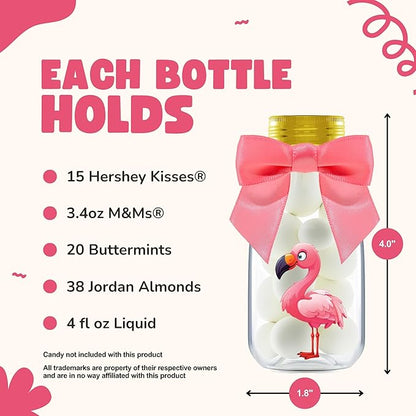 Small 12 Pack Flamingo Party Favors - DIY Candy Jars with Ribbons and Stickers - Party Decoration Bottles for Birthday, Baby Shower and Bachelorette - Pink Table Centerpiece for Kids and Adults