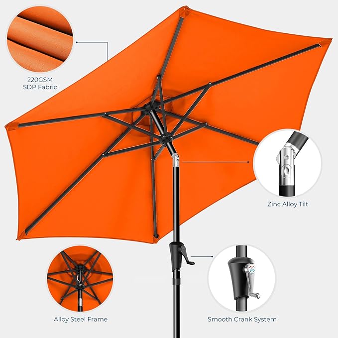 7.5ft Outdoor Patio Umbrella - Market Table Pool Deck Umbrella UPF50+ UV Protection with Push Button Tilt, Crank and 6 Sturdy Ribs (Neon Orange, No base)