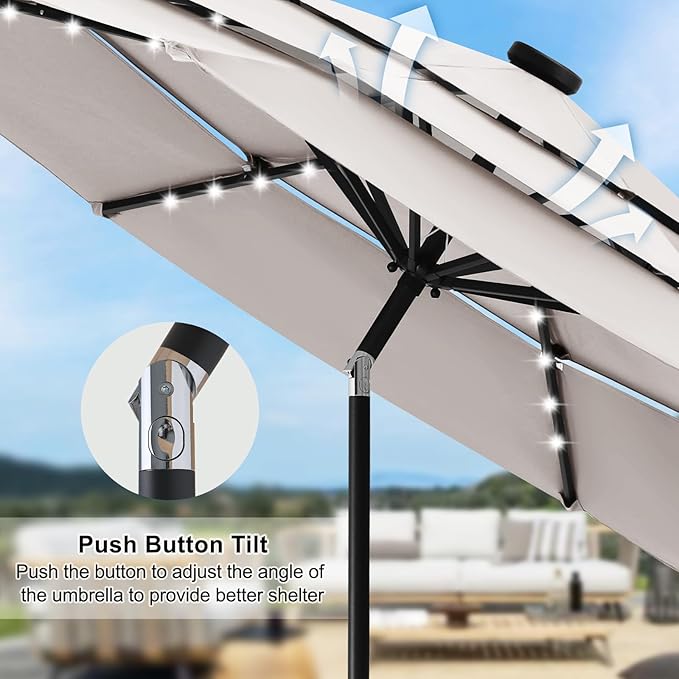 ABCCANOPY Solar Led Patio Umbrellas 3-Tiers 11FT (Light Beige)