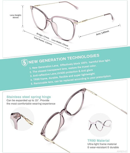 Gaoye Cute Retro Blue-Light Glasses - Mixed Material Frames, Metal Arms, Plastic Nosepads - UV400 Computer Lenses
