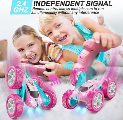 RC Cars, Pink Remote Control Car for Girls, 2.4 GHZ Double Sided RC Stunt Car 360° Rotating Remote Control Crawler with Headlights Car Toys for 6 7 8 9 10 11 12 Girls Birthday Gift