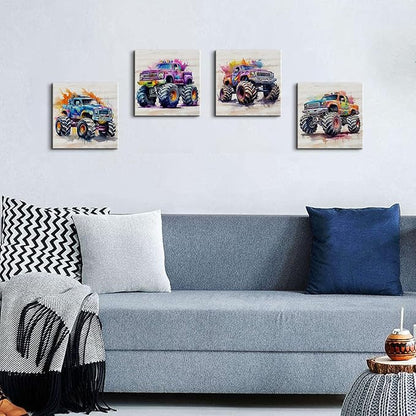 Rustic Monster Truck Room Decor for Boys Kids Bedroom Hot Wheels Wall Art Colorful Car Posters Vehicle Pictures Canvas Prints Modern Artwork Playroom School Home Decoration Children Gifts 12×12" 4 Pcs
