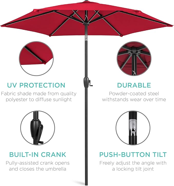 Best Choice Products 7.5ft Heavy-Duty Round Outdoor Market Table Patio Umbrella w/Steel Pole, Push Button Tilt, Easy Crank Lift - Red