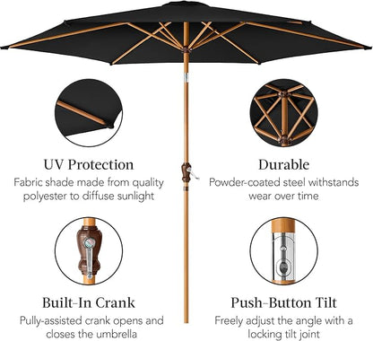 Best Choice Products 10ft Market Umbrella, Outdoor Sun Shade for Backyard, Deck, Poolside, Table w/Woodgrain Pattern, Easy Tilt & Crank - Black