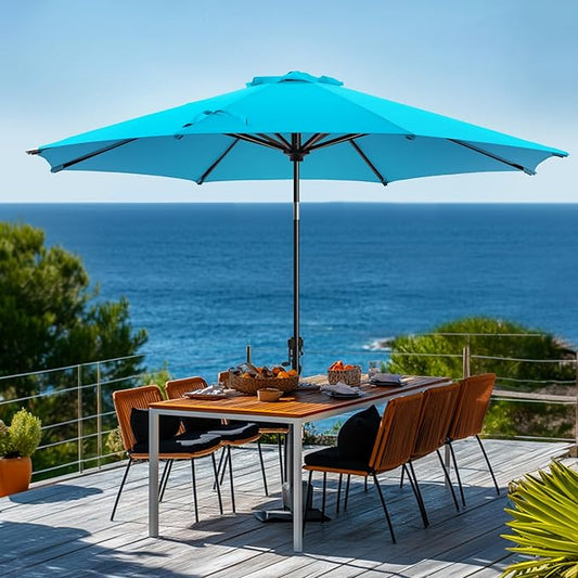 wikiwiki 9 FT Patio Umbrellas Outdoor Table Market Umbrella with Push Button Tilt/Crank, 8 Sturdy Ribs, Fade Resistant Waterproof POLYESTER DTY Canopy for Garden, Lawn, Deck, Backyard & Pool, Sky Blue