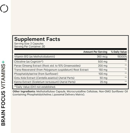 Codeage Brain Focus Vitamins+ Nootropic Supplement with Citicoline as Cognizin, Panax Ginseng, Resveratrol, Gotu Kola, Vitamin B12 Methylcobalamin - Liposomal Delivery - Non-GMO - 60 Capsules