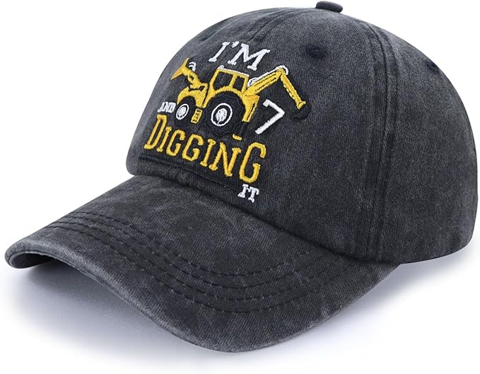 I'm 3/4/5/6/7/8/9 and Digging It Hats for Boys Girls, Funny Embroidered Toddler Excavator Birthday Baseball Cap