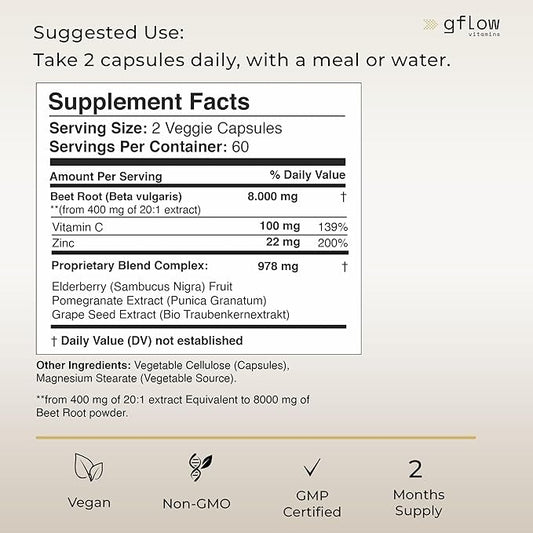 Beet Root Powder Capsules 8000mg High concentrated formula, Beetroot Extract, Elderberry with Vitamin C and Zinc, Pomegranate, Grape Seed, Nitric Oxide Supplement - Non-GMO, USA Made - 2 Months Supply