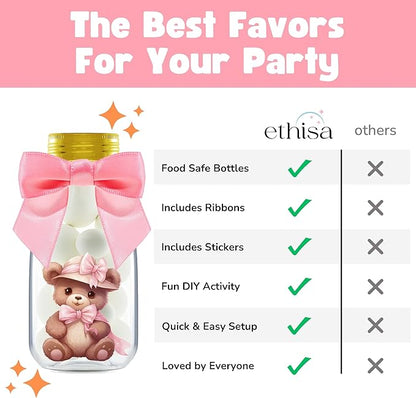 Small 12 Pack We Can Bearly Wait Party Favors for Girl - Candy Jars with Ribbon and Stickers - DIY Party Decoration Bottles for Baby Shower and Gender Reveal - Pink Teddy Bear Table Centerpiece
