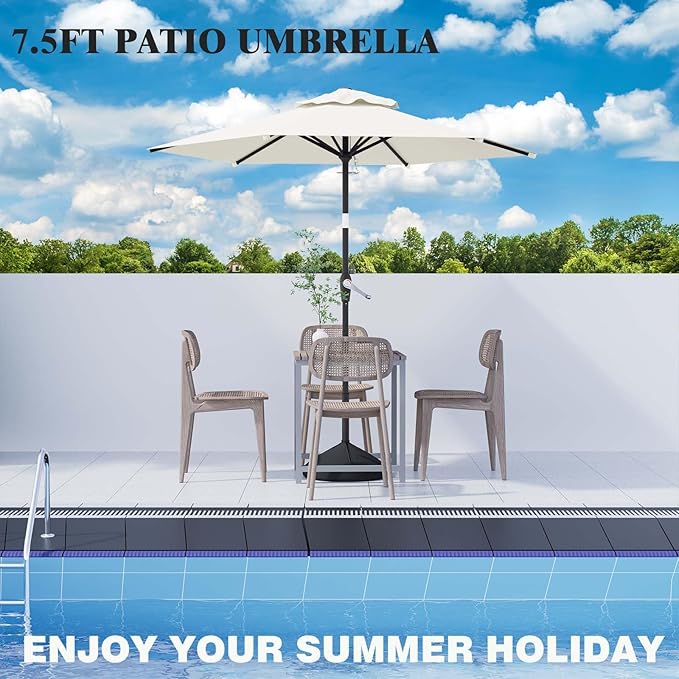 7.5FT Patio Umbrella Table Market Umbrella w/Tilt and Crank Heavy-Duty Round Outdoor Umbrellas for Garden, Deck, Backyard, Pool and Beach, Cream-White