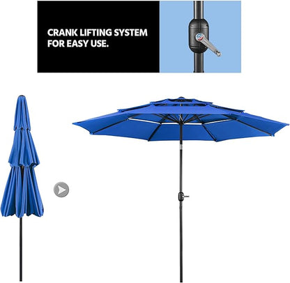 Yaheetech 3 Tier Patio Umbrella 10ft Vented Outdoor Large Market Table Umbrella with 8 Sturdy Ribs and 1.5" Umbrellla Pole, Double-layer Cloth & Push-button Tilting & Crank for Pool/Garden/Lawn Blue