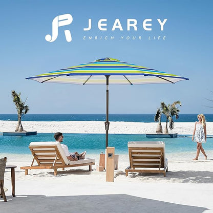 JEAREY 9FT Outdoor Patio Umbrella Outdoor Table Umbrella with Push Button Tilt and Crank, Market Umbrella 8 Sturdy Ribs UV Protection Waterproof for Garden, Deck, Backyard, Pool (Blue-Green Stripe)