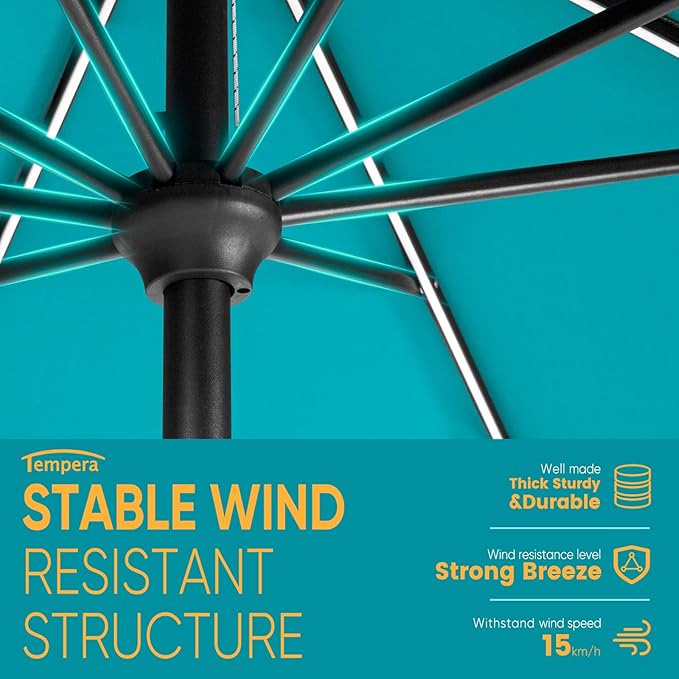 Tempera Solar Patio Umbrella 40 LED Lighted Outdoor Umbrella Table Market Umbrella with Push Button Tilt and Crank, Solar Umbrella with Sturdy Pole&Fade Resistant Canopy, Easy to Set
