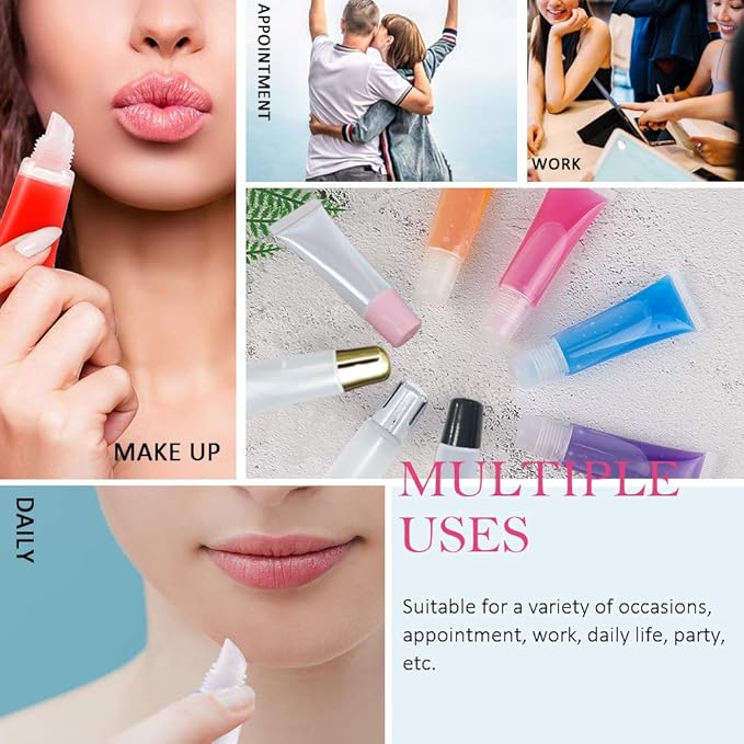 AMORIX 50PCS 10ml Lip Gloss Tubes Clear Empty Lip Balm Containers with White Cap Refillable Soft Cosmetic Squeeze Tubes for Lip Gloss Base Glitter Pigment Powder 2 Syringes + Tag Labels Stickers