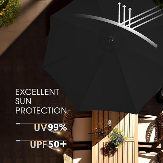 wikiwiki 7.5 FT Patio Umbrellas Outdoor Table Market Umbrella with Push Button Tilt/Crank, 6 Sturdy Ribs, Fade Resistant Waterproof POLYESTER DTY Canopy for Garden, Lawn, Deck, Backyard & Pool, Black