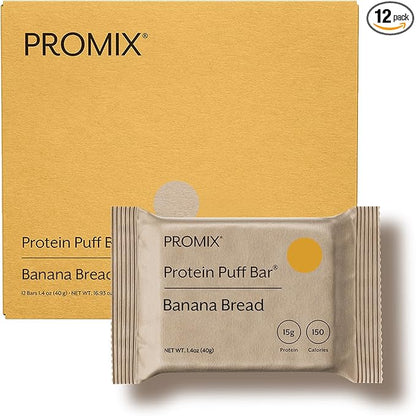 ProMix Nutrition Protein Puff Bars - Banana Bread - Marshmallow Crispy Treat - Great Tasting & Healthy On The Go Snack - High Protein & Low Calorie - Free From Gluten, Soy, & Corn - 12 Bars