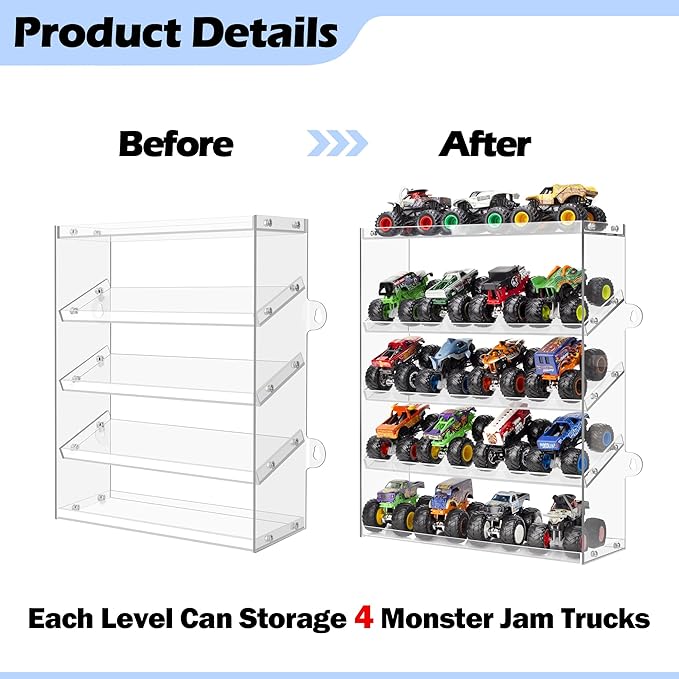 Assembly Monster Trucks Display Case Holding for 20 Monster Trucks Acrylic Storage Case 5 Tiers Monster Trucks Organizer with Tilted Design, Display Case for Toy Trucks (2-Pack Transparent)