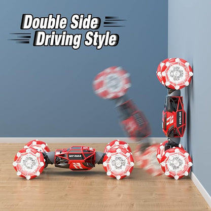 Powerextra Remote Control Car, 4WD 2.4GHz Gesture Sensing Rc Stunt Car, Double Sided 360°Rotating Off Road Car with LED Light & Music, Toy Cars for 6-12 Year Old Boys & Girls - Red
