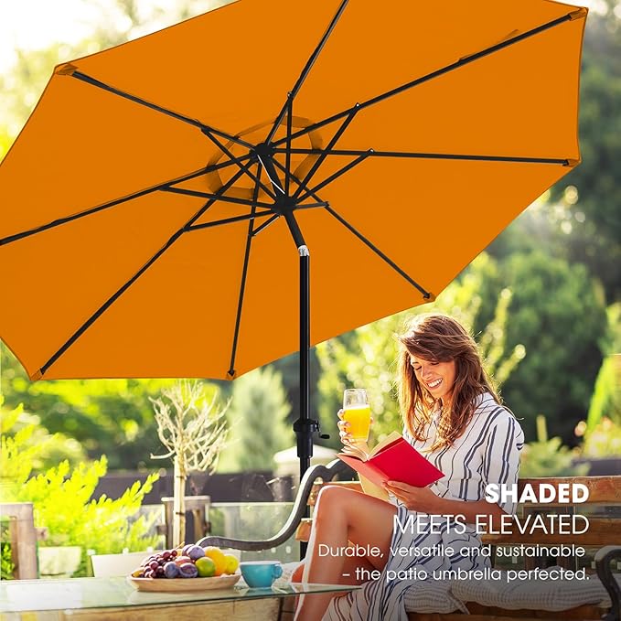 wikiwiki 9 FT Patio Umbrellas Outdoor Table Market Umbrella with Push Button Tilt/Crank, 8 Sturdy Ribs, Fade Resistant Waterproof POLYESTER DTY Canopy for Garden, Lawn, Deck, Backyard & Pool, Orange