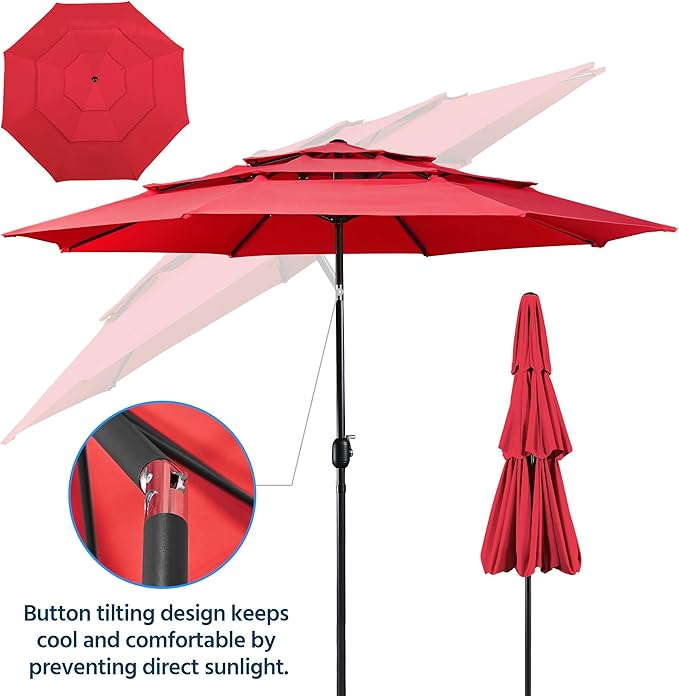Yaheetech 3 Tier Patio Umbrella 10ft Vented Outdoor Large Market Table Umbrella with 8 Sturdy Ribs and 1.5" Umbrellla Pole, Double-layer Cloth & Push-button Tilting & Crank for Pool/Garden/Lawn Red