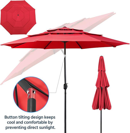 Yaheetech 3 Tier Patio Umbrella 10ft Vented Outdoor Large Market Table Umbrella with 8 Sturdy Ribs and 1.5" Umbrellla Pole, Double-layer Cloth & Push-button Tilting & Crank for Pool/Garden/Lawn Red