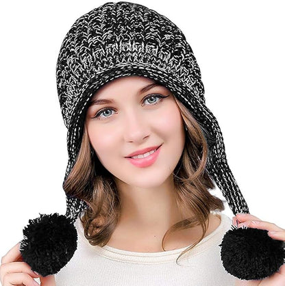 DOCILA Winter Beanie Hat for Women Warm Fleece Lined Pom Knit Earflap Hats Cute Outdoor Snow Ski Skull Cap