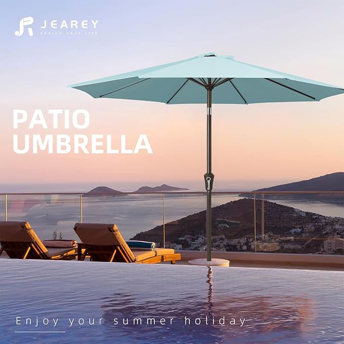 JEAREY 9FT Outdoor Patio Umbrella Outdoor Table Umbrella with Push Button Tilt and Crank, Market Umbrella 8 Sturdy Ribs UV Protection Waterproof for Garden, Deck, Backyard, Pool (Light Blue)