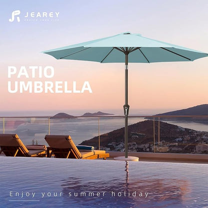 JEAREY 9FT Outdoor Patio Umbrella Outdoor Table Umbrella with Push Button Tilt and Crank, Market Umbrella 8 Sturdy Ribs UV Protection Waterproof for Garden, Deck, Backyard, Pool (Light Blue)