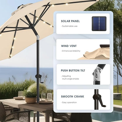 wikiwiki 10ft Solar Led Patio Umbrella, Sturdy Outdoor Market Umbrella for Deck, Pool, Garden w/Tilt, Crank, 32 LED Lights, Beige