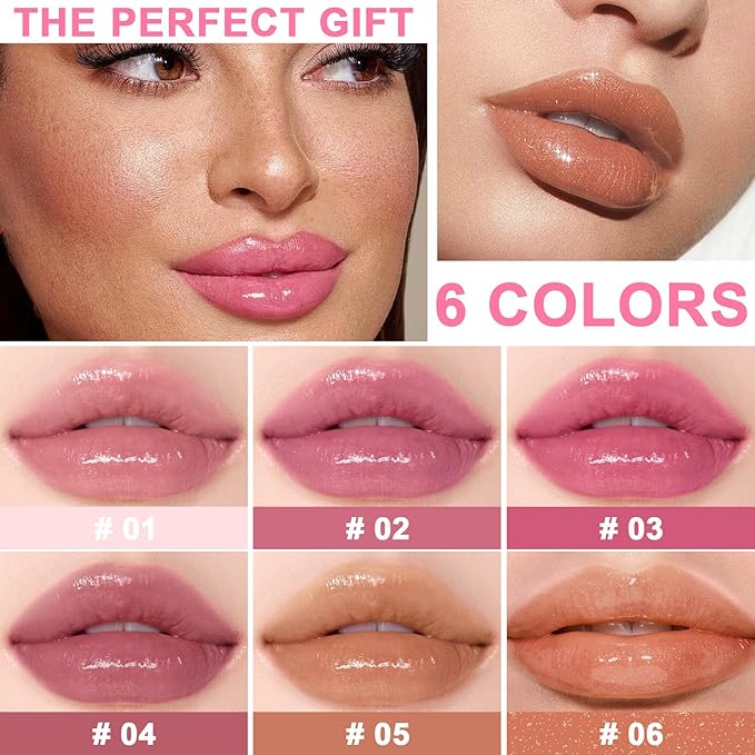 6 PCS Hydrating Lip Oil, Big Brush Head Lip Glaze Shiny Transparent Lip Glow Oil, Nourishing & Non-sticky Long Lasting Fresh Clear Smooth Lip Care Plumping Lip Oil (SET B)