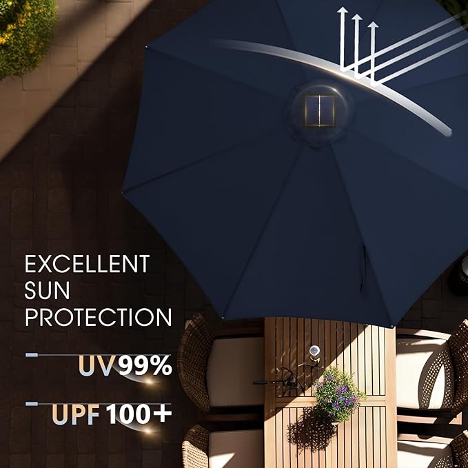 wikiwiki 9ft Solar Led Patio Umbrella, Sturdy Outdoor Market Umbrella for Deck, Pool, Garden w/Tilt, Crank, 32 LED Lights, Navy Blue