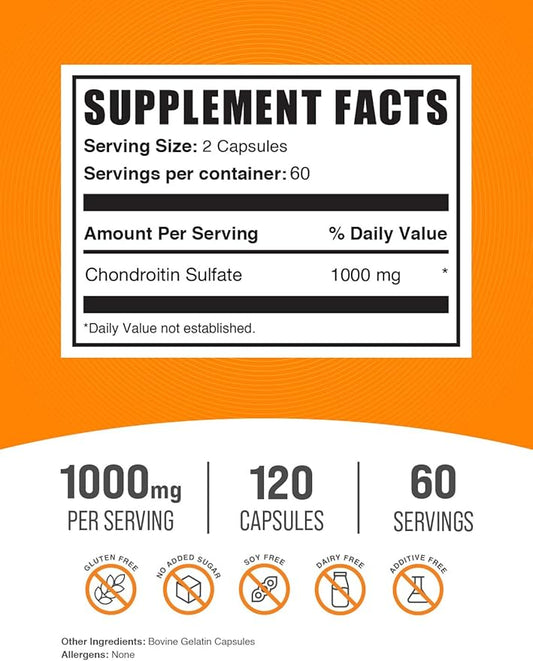 BulkSupplements.com Chondroitin Sulfate Capsules - Nutritional Supplement, Chondroitin Sulfate 1000 mg - Gluten Free, 2 Capsules per Serving, 120 Count (Pack of 1)
