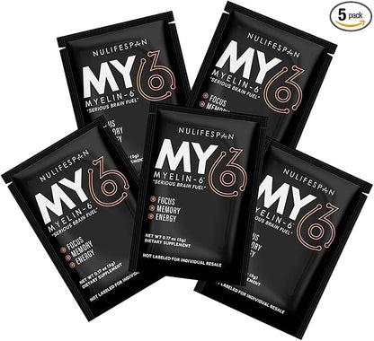 Myelin-6 Sampler Pack, 5 Single Serve Packs, Focus Supplement & Brain Health with AlphaSize, Memory and Cognitive Function Support, Orange Tangerine Flavor, Gluten-Free, Non-GMO