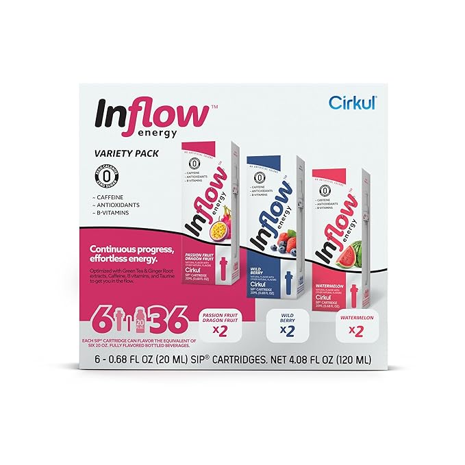 Cirkul Inflow Energy Flavor Cartridge Variety Pack with Caffeine, 6-Pack (2 Passion Fruit Dragon Fruit, 2 Wild Berry, 2 Watermelon)