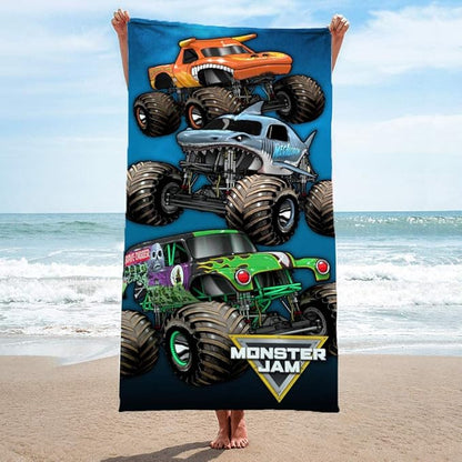 Jay Franco Monster Jam Team Up Kids Bath/Pool/Beach Towel - Features Grave Digger & Megalodon - Super Soft & Absorbent Cotton Towel, Measures 28 x 58 inches (Official Monster Jam Product)