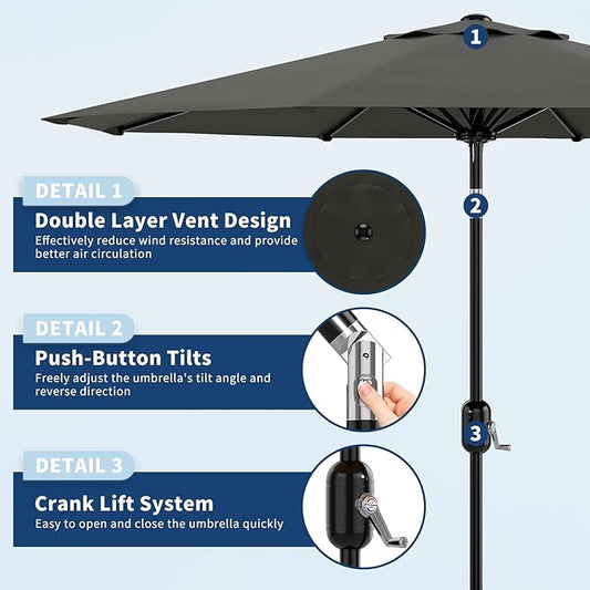 9Ft Patio Umbrella - 8 Sturdy Ribs Outdoor Table Umbrella with Crank Lift & Push Button Tilt - Market Umbrella for Pool, Deck, Yard, Garden - Gray